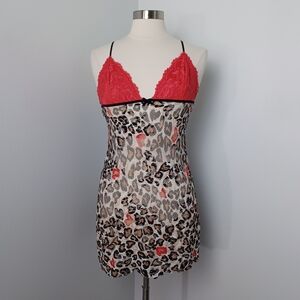 Victoria's Secret Very Sexy Y2K Red Lace Leopard Print Babydoll Chemise Small